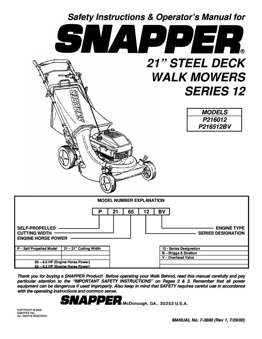 Snapper P216512BV, P216012, WP216512BV important safety instructions 21” STEEL DECK WALK MOWERS SERIES 