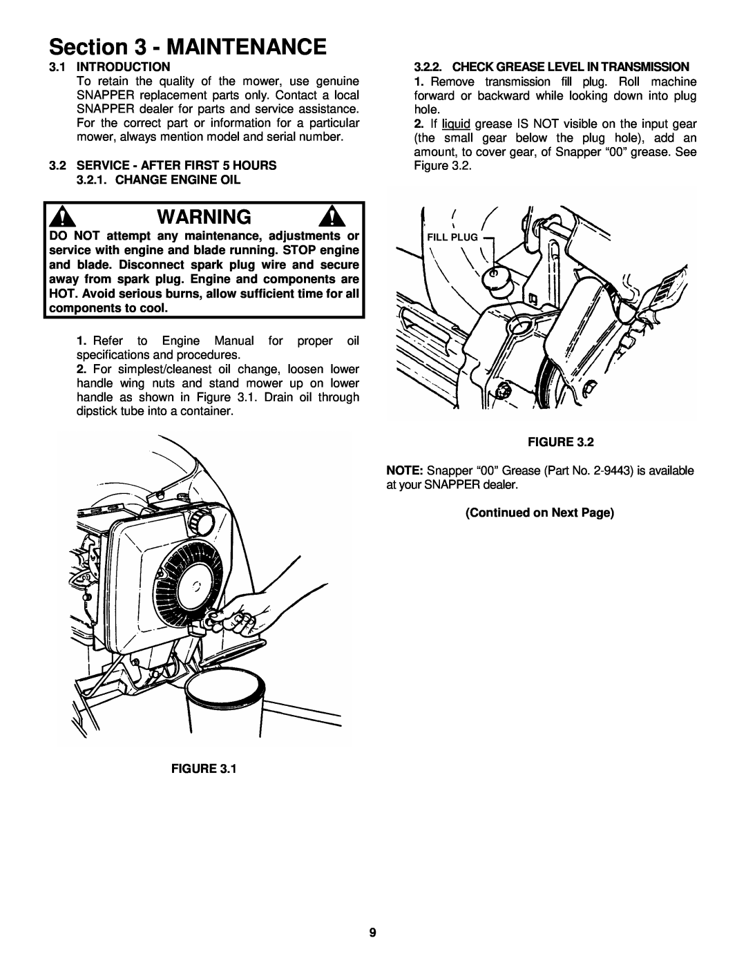 Snapper P216512BV, P216012, WP216512BV important safety instructions Maintenance, Fill Plug 