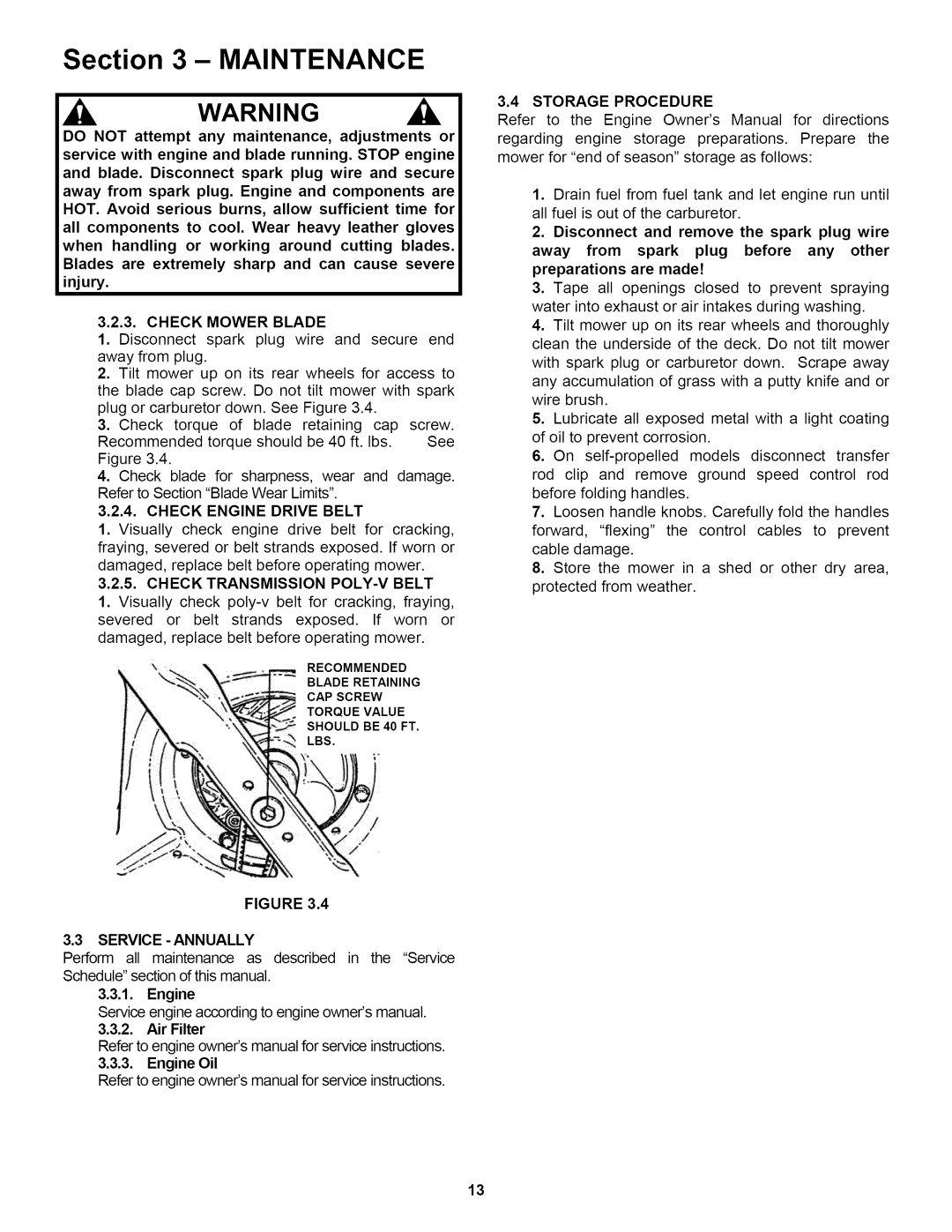 Snapper P2167519B, P217019BVE, P216019KWV Injury, Check Mower Blade, Storage Procedure, Service-Annually 