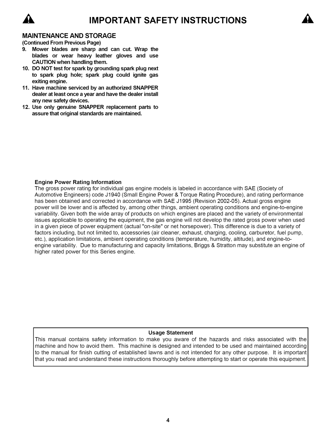 Snapper P217019BVE, P2167519B, P216019KWV important safety instructions Usage Statement 