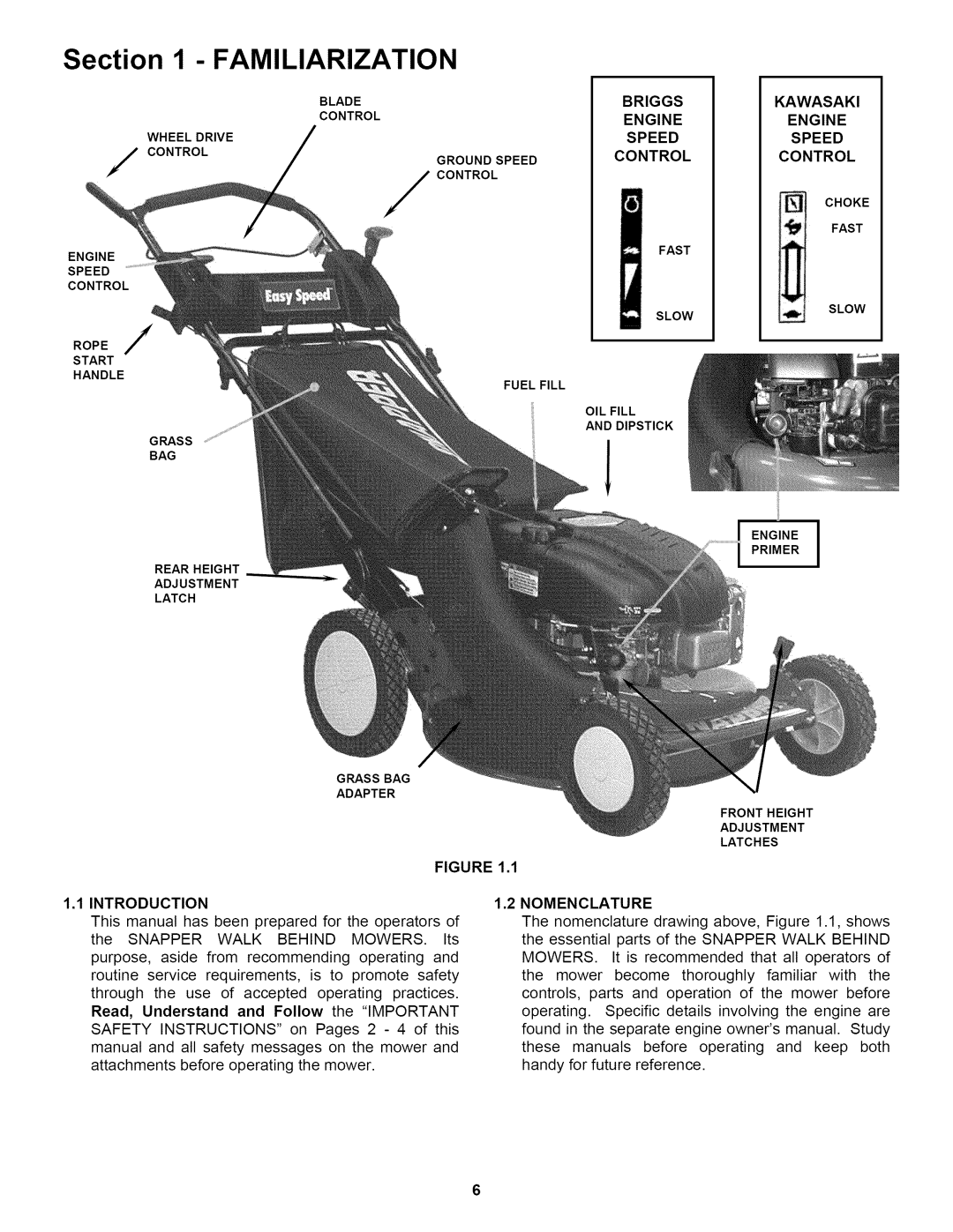 Snapper P217019BVE, P2167519B Briggs Engine Speed Control, Kawasaki Engine Speed Control, Introduction Nomenclature 