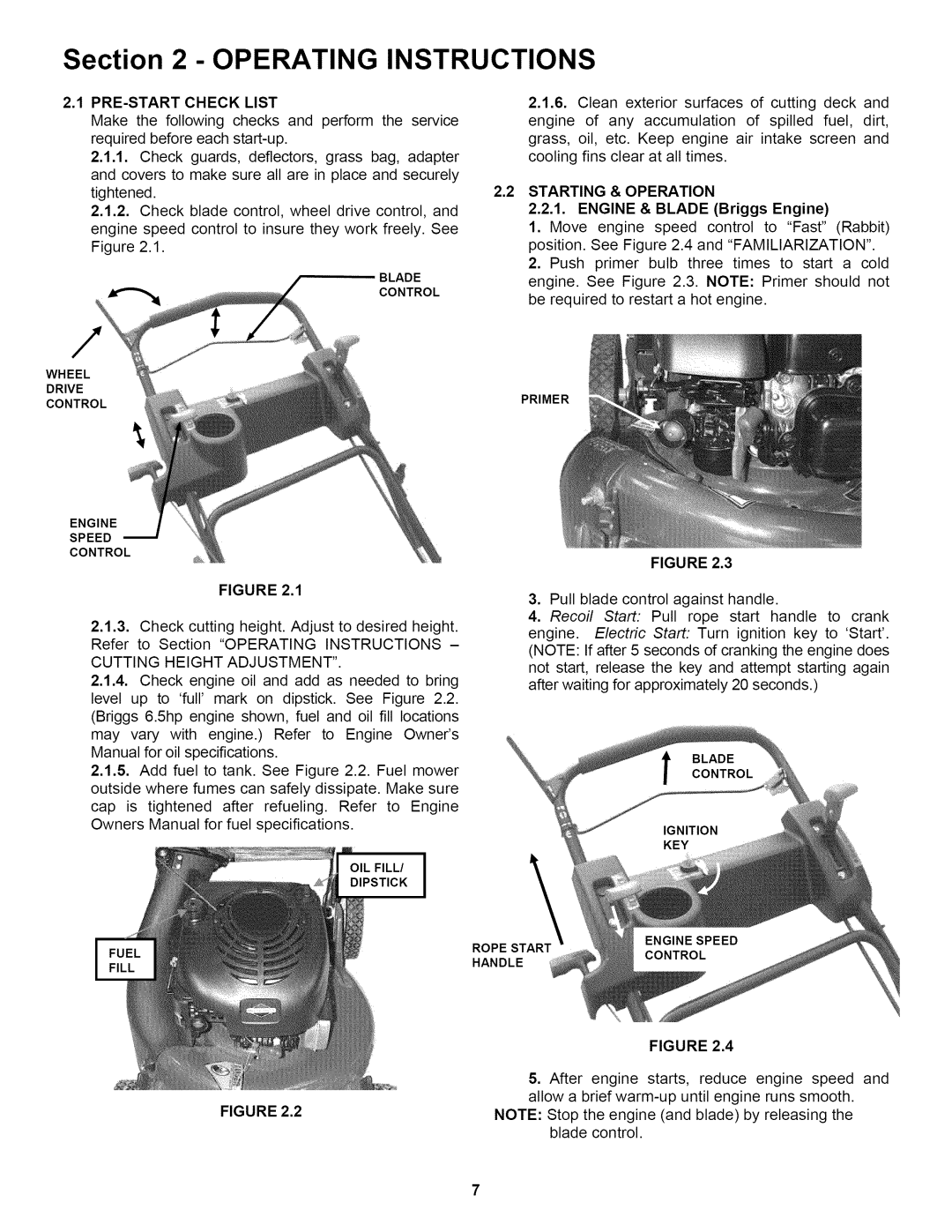 Snapper P216019KWV, P217019BVE, P2167519B PRE-START Check List, Starting & Operation, Engine & Blade Briggs Engine 