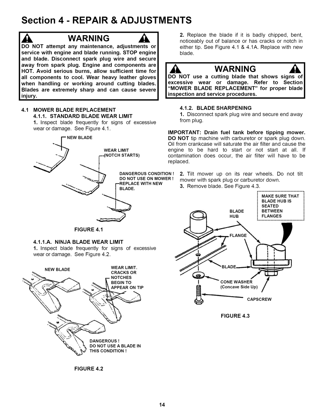 Snapper P217019BVE, P2167519B, P216019KWV important safety instructions Repair & Adjustments 