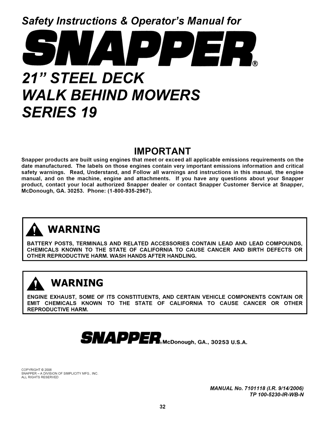 Snapper P217019BVE, P2167519B, P216019KWV Steel Deck Walk Behind Mowers Series, Safety Instructions & Operators Manual for 