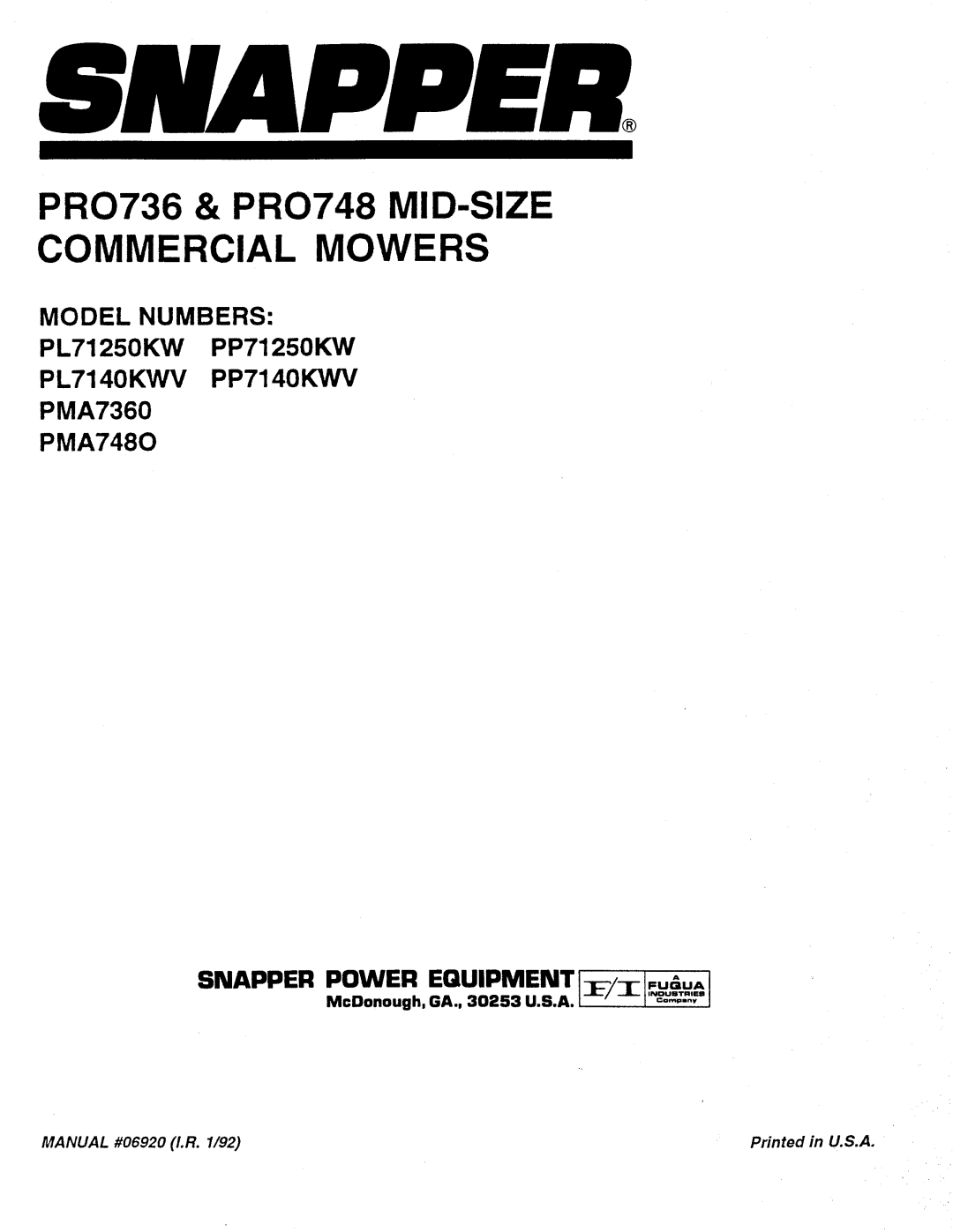 Snapper PP7140KWV, PL71250KW, PL7140KWV, PP712502KW, PMA7360, PMA7480 manual 