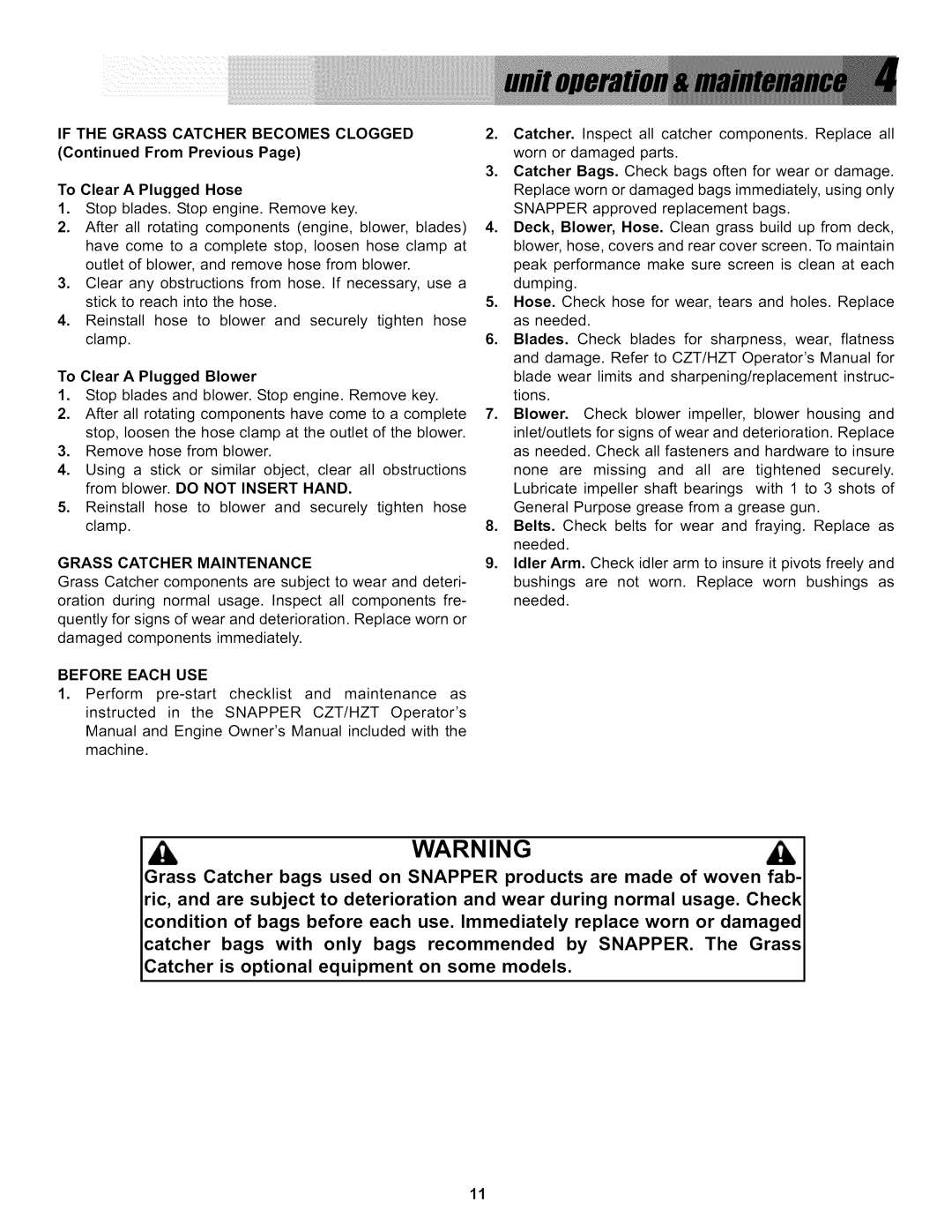 Snapper 0-50576, P/N 7078273 manual Ifthegrasscatcherbecomesclogged FromPreviousPage, Grass Catcher Maintenance 