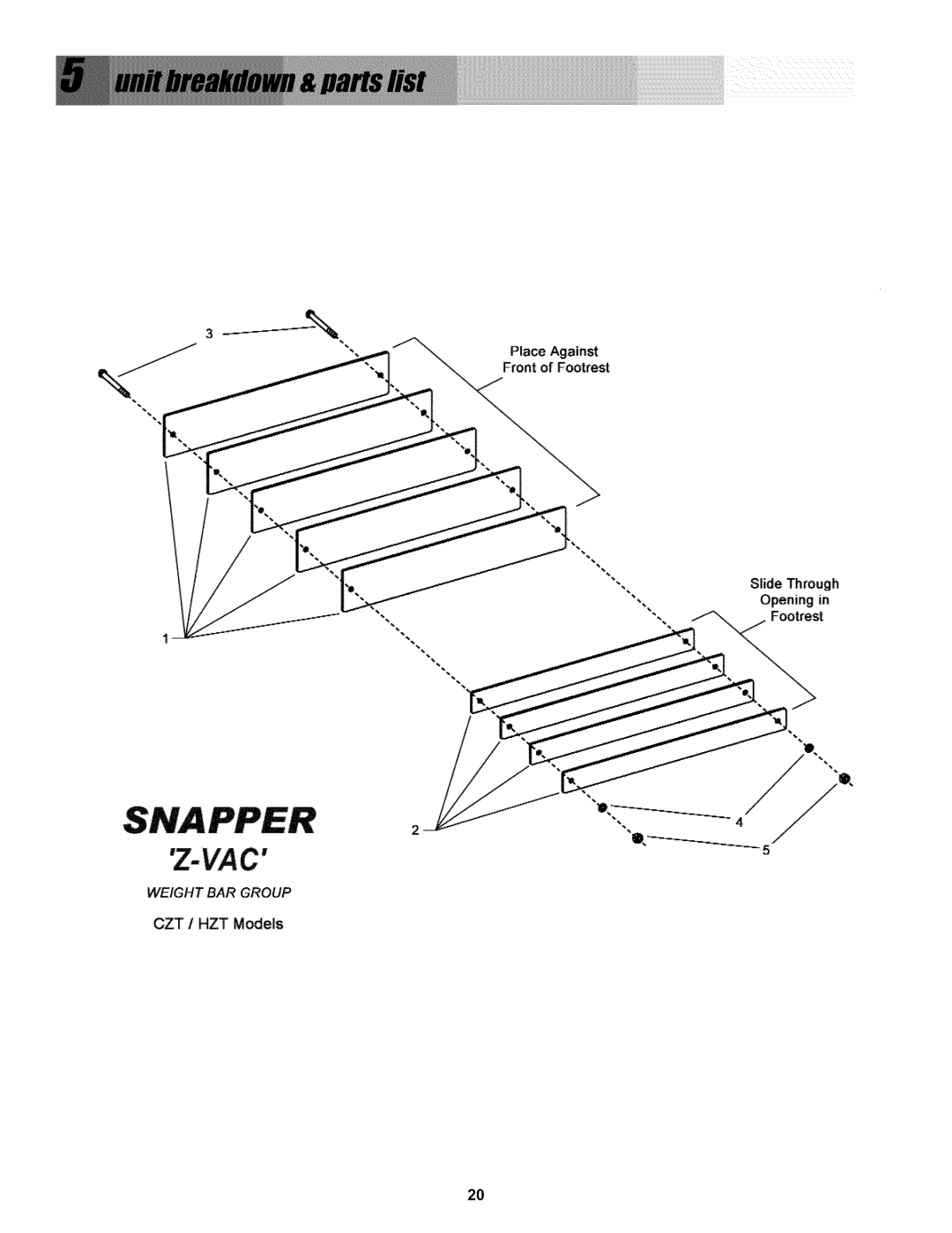 Snapper P/N 7078273, 0-50576 manual Weight Bar Group, Place Against, Front of Footrest, Slide Through Opening in 