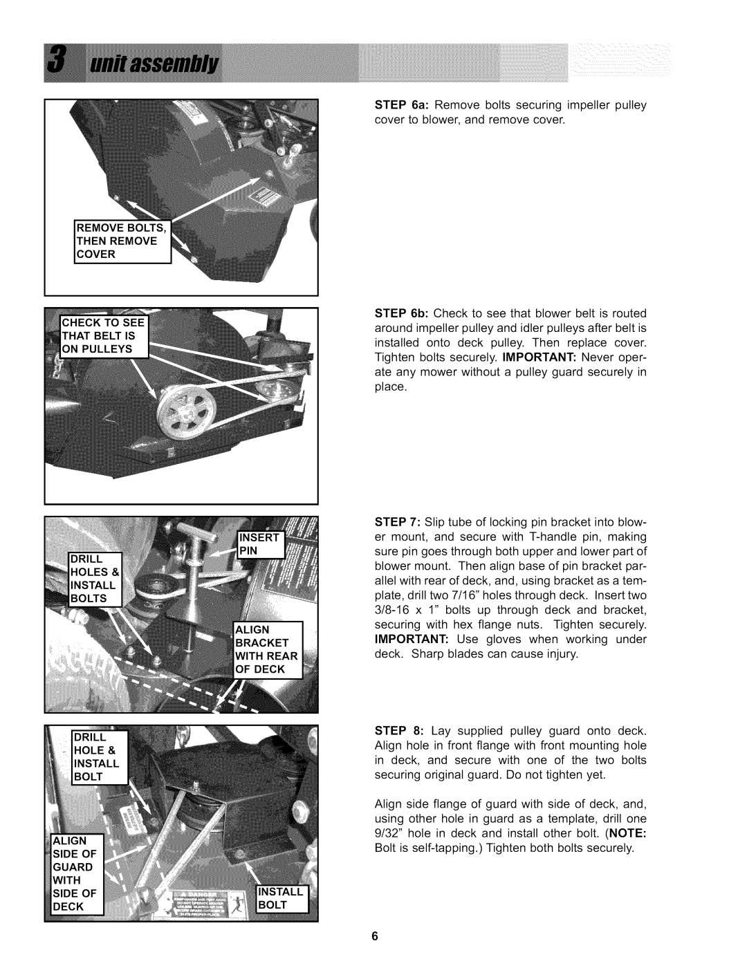 Snapper P/N 7078273, 0-50576 manual a Remove bolts securing impeller pulley cover to blower, and remove cover 