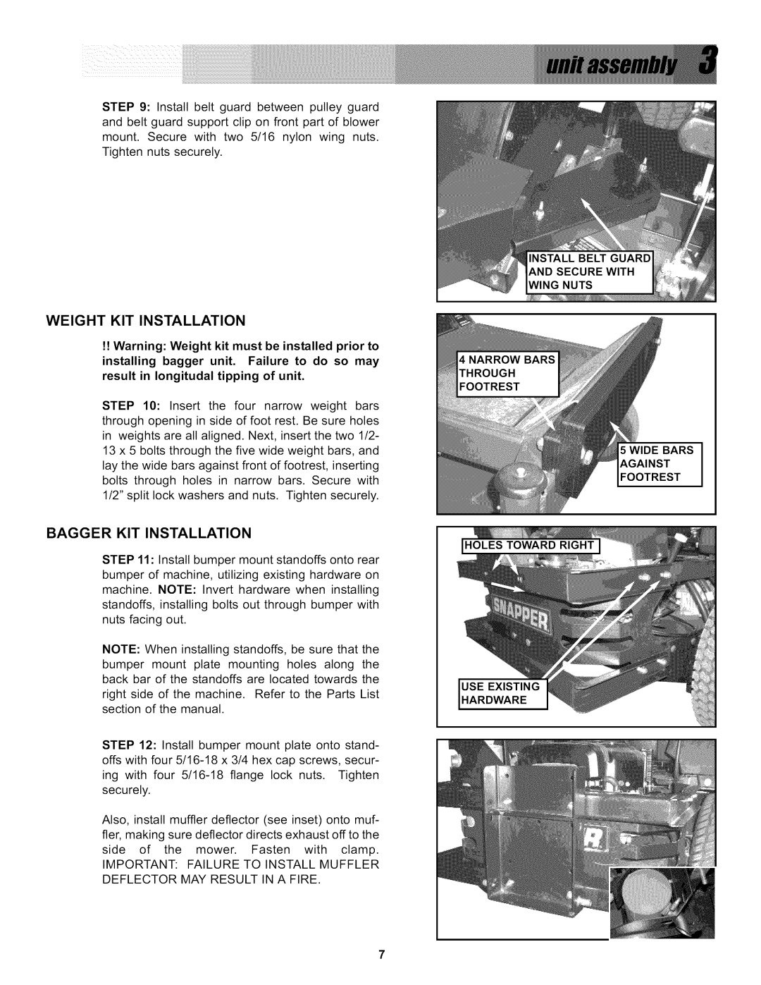 Snapper 0-50576, P/N 7078273 manual Weight Kit Installation, Bagger Kit Installation 