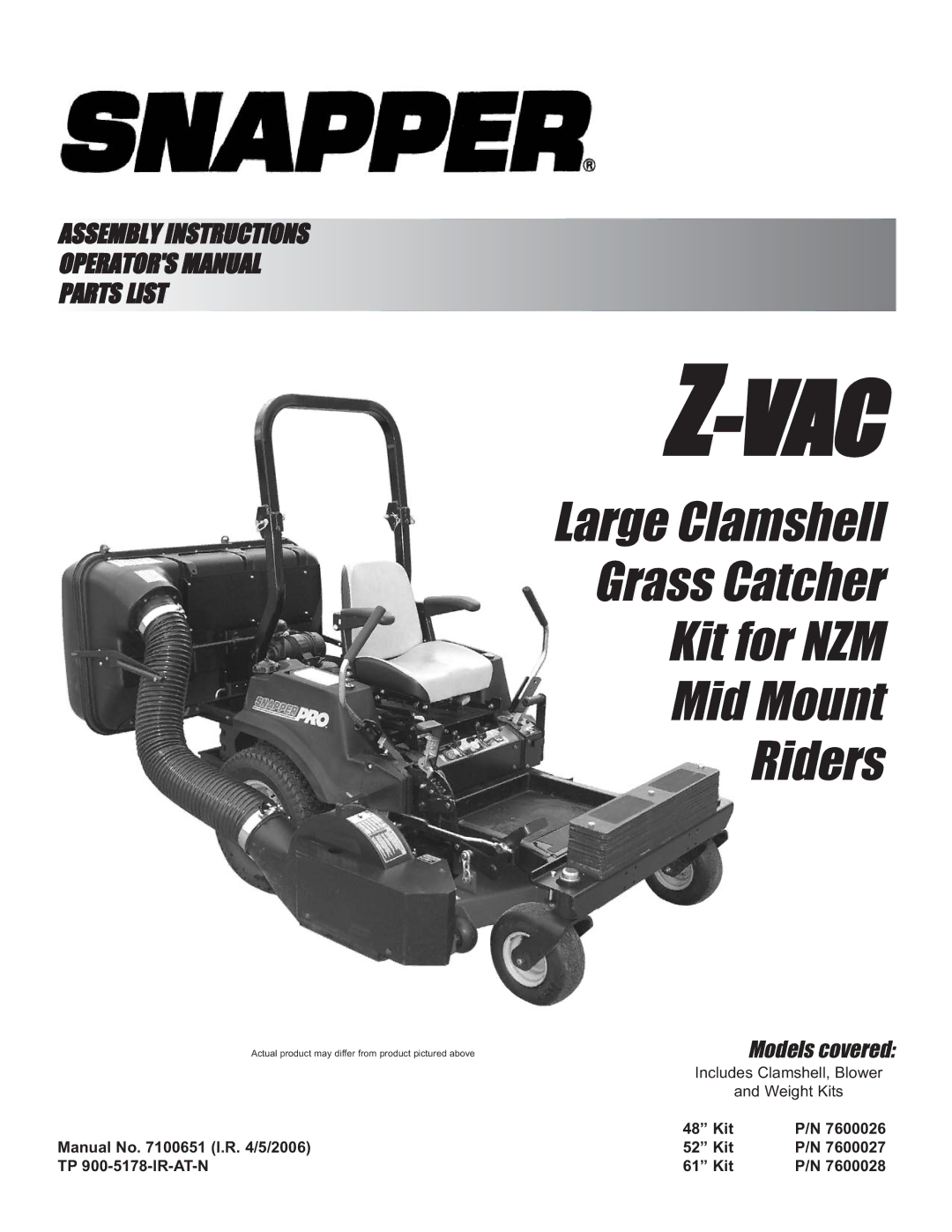 Snapper P/N 7600028, P/N 7600027, P/N 7600026 manual Vac 