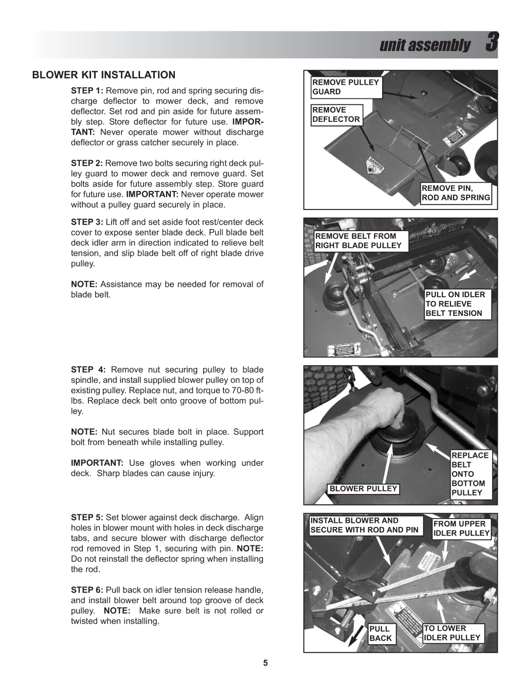 Snapper P/N 7600026, P/N 7600027, P/N 7600028 manual Unit assembly, Blower KIT Installation 