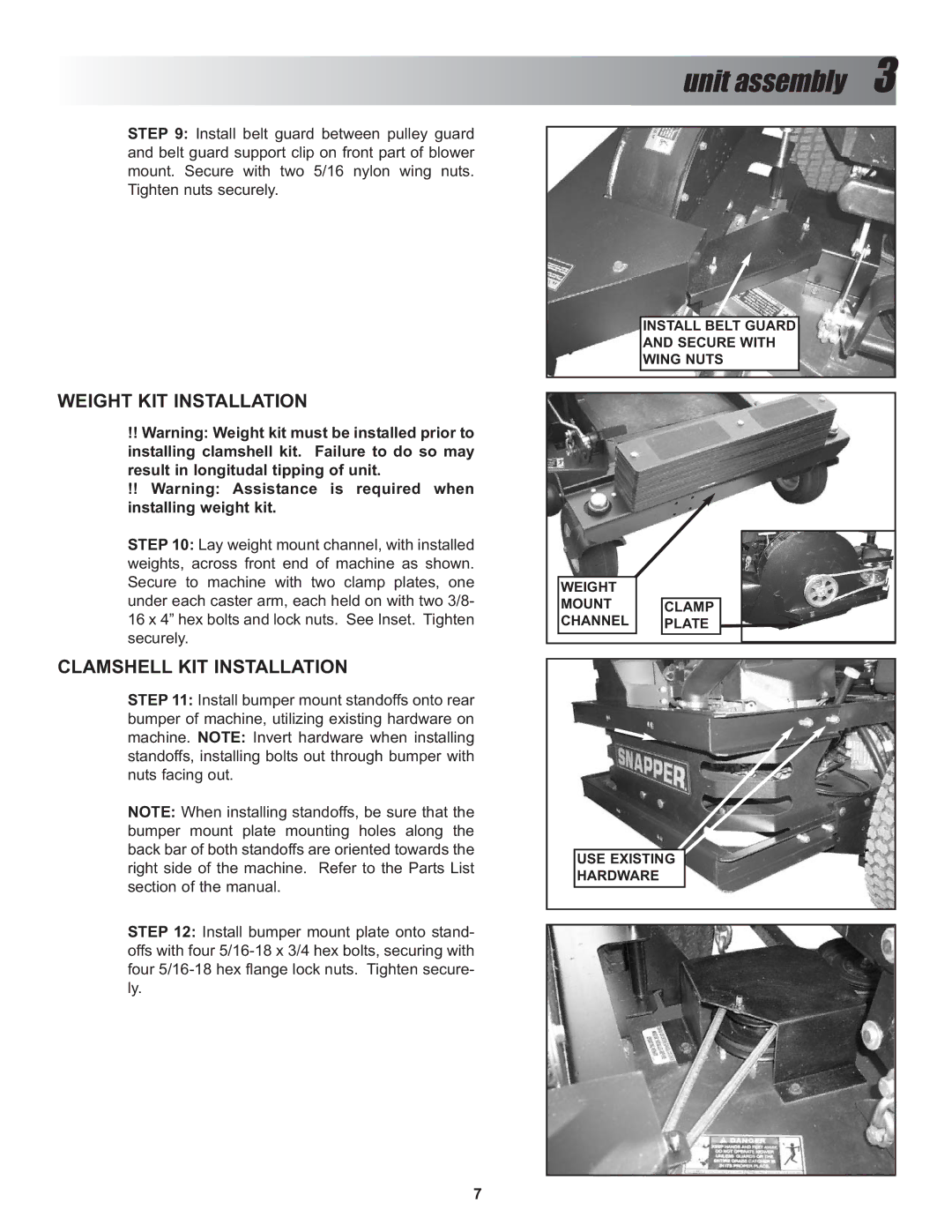 Snapper P/N 7600028, P/N 7600027, P/N 7600026 manual Weight KIT Installation 