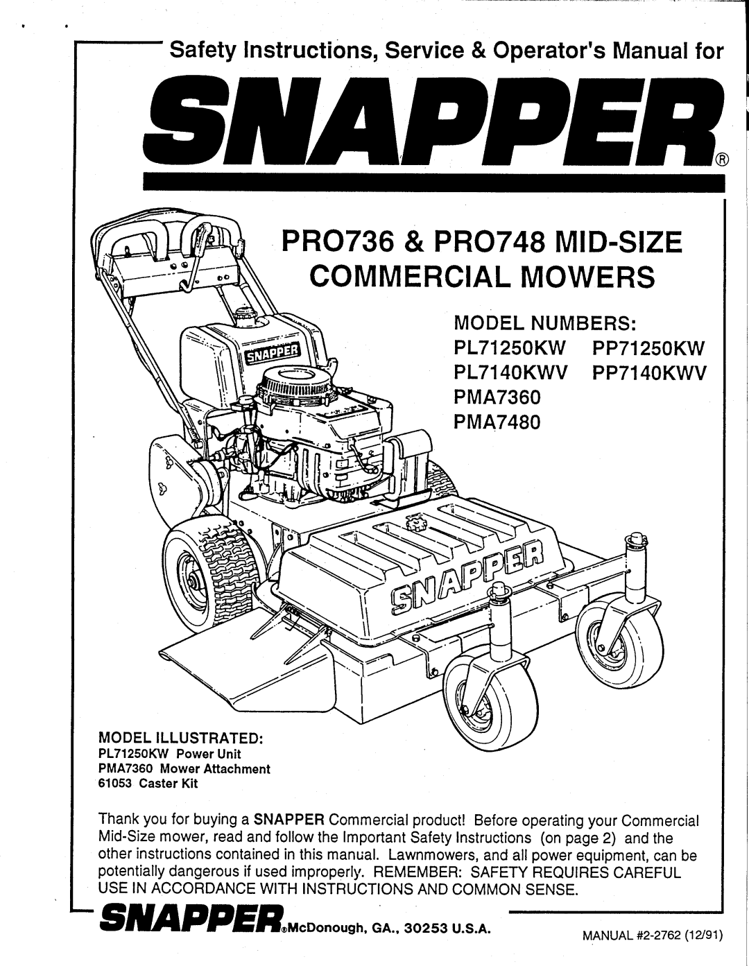 Snapper PP71250KW manual 