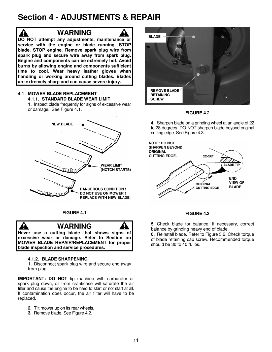 Snapper R194014 Adjustments & Repair, Mower Blade Replacement 4.1.1. Standard Blade Wear Limit, Blade Sharpening 