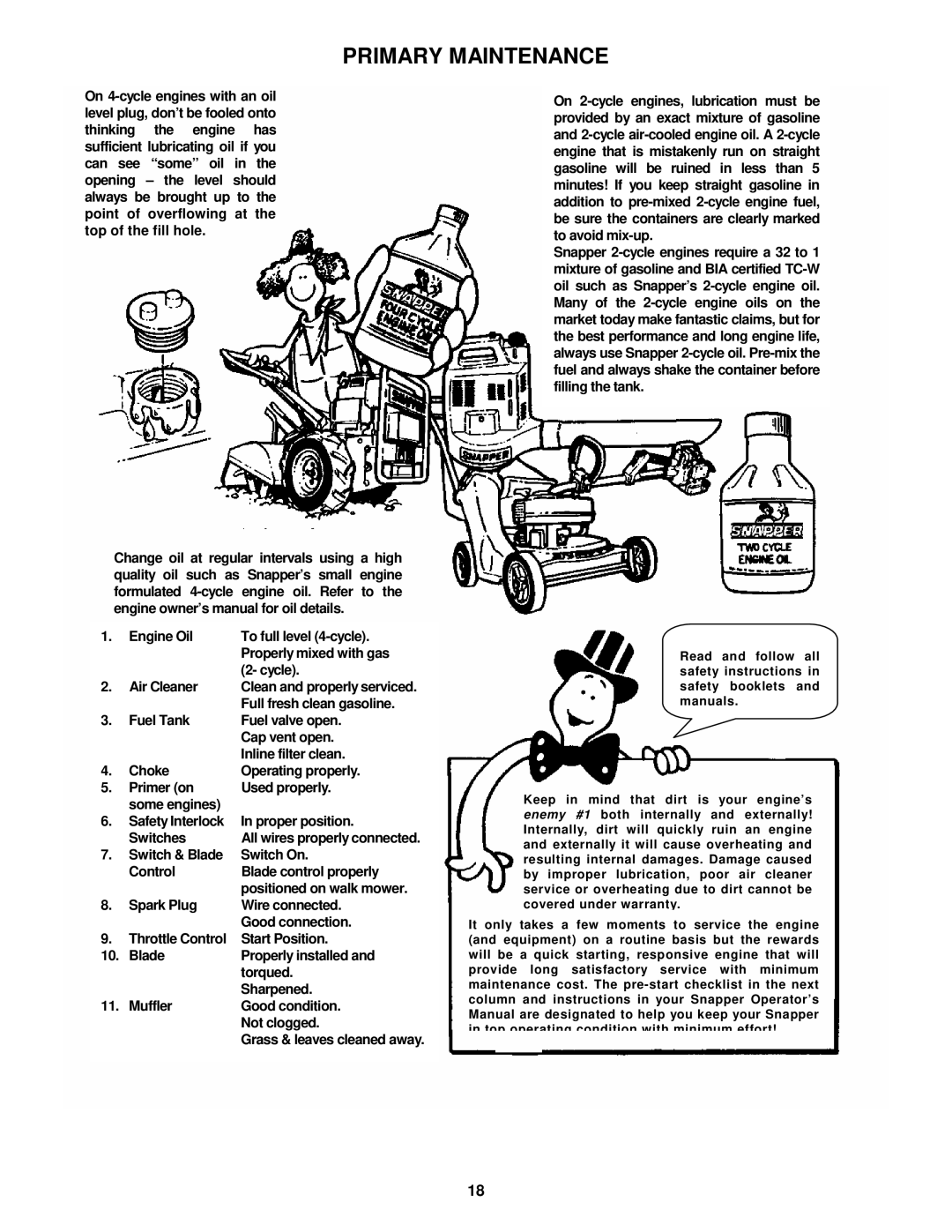 Snapper R194014 important safety instructions Grass & leaves cleaned away 