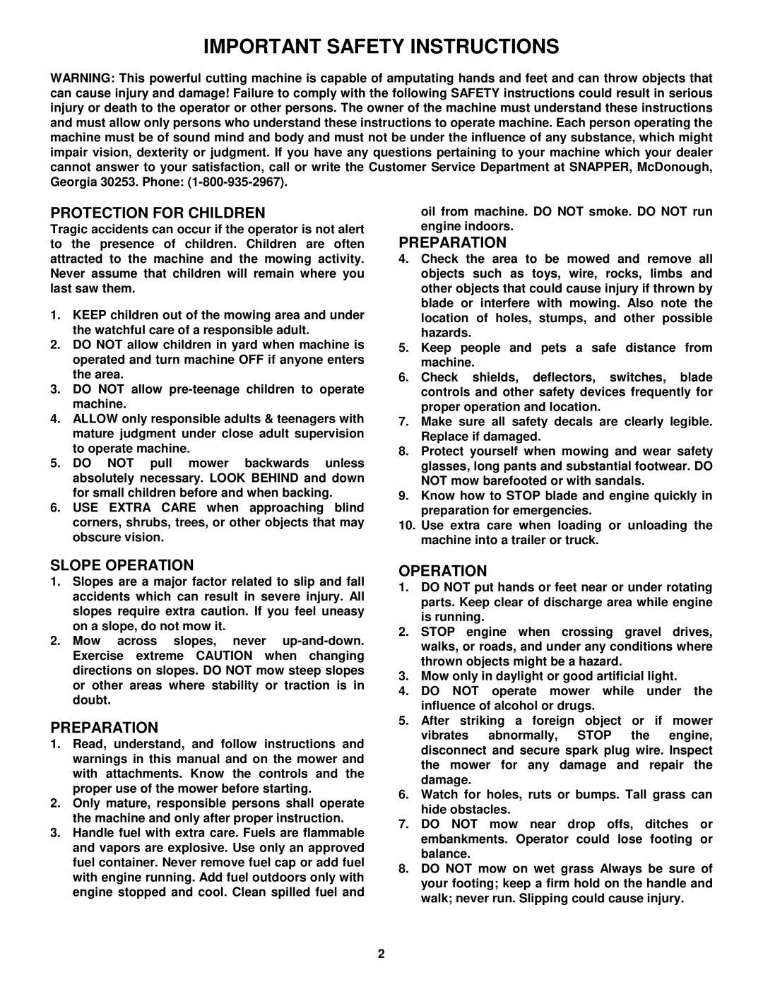 Snapper R194014 important safety instructions Protection for Children, Preparation, Slope Operation 