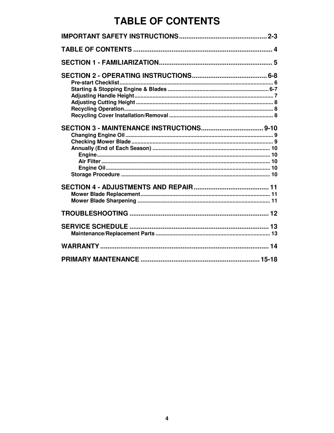 Snapper R194014 important safety instructions Table of Contents 