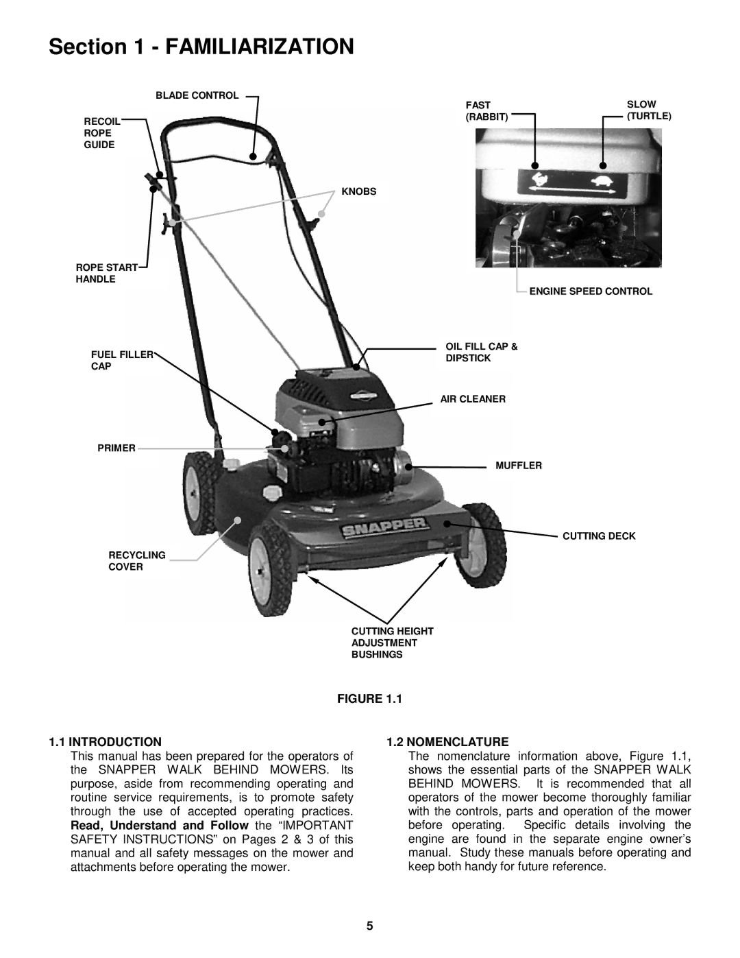 Snapper R194014 important safety instructions Familiarization, Introduction, Nomenclature 