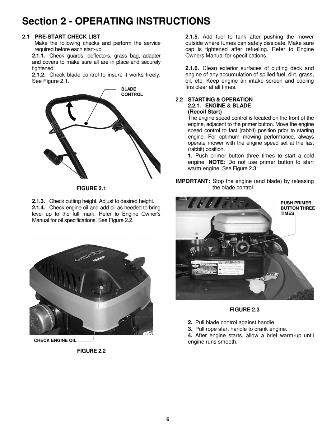 Snapper R194014 Operating Instructions, PRE-START Check List, Starting & Operation 2.2.1. Engine & Blade 