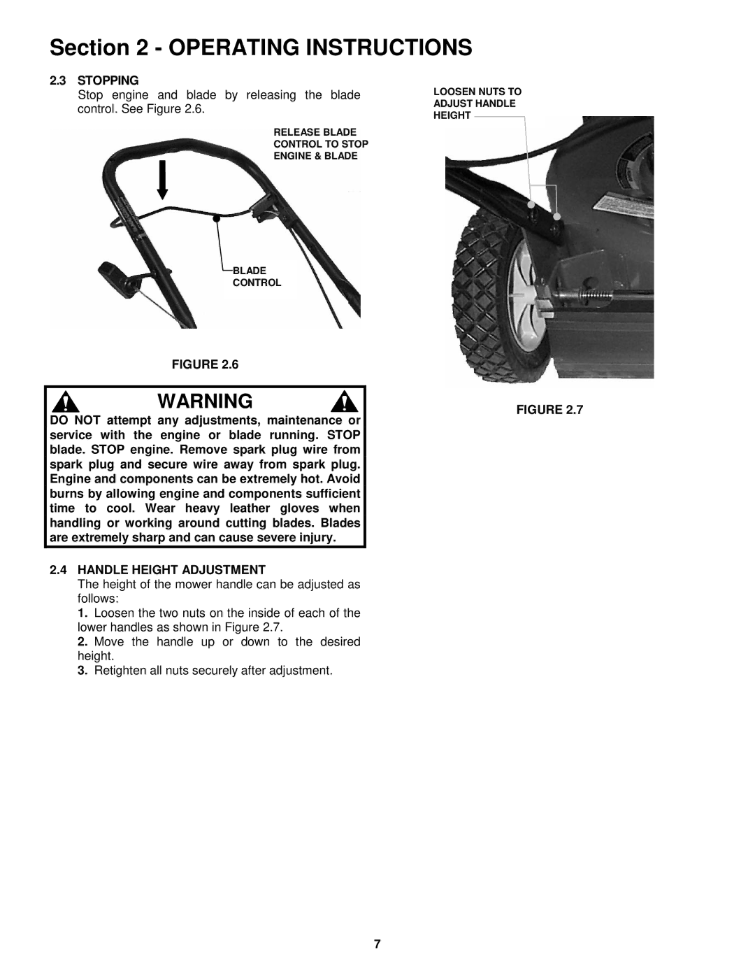 Snapper R194014 important safety instructions Stopping, Handle Height Adjustment 