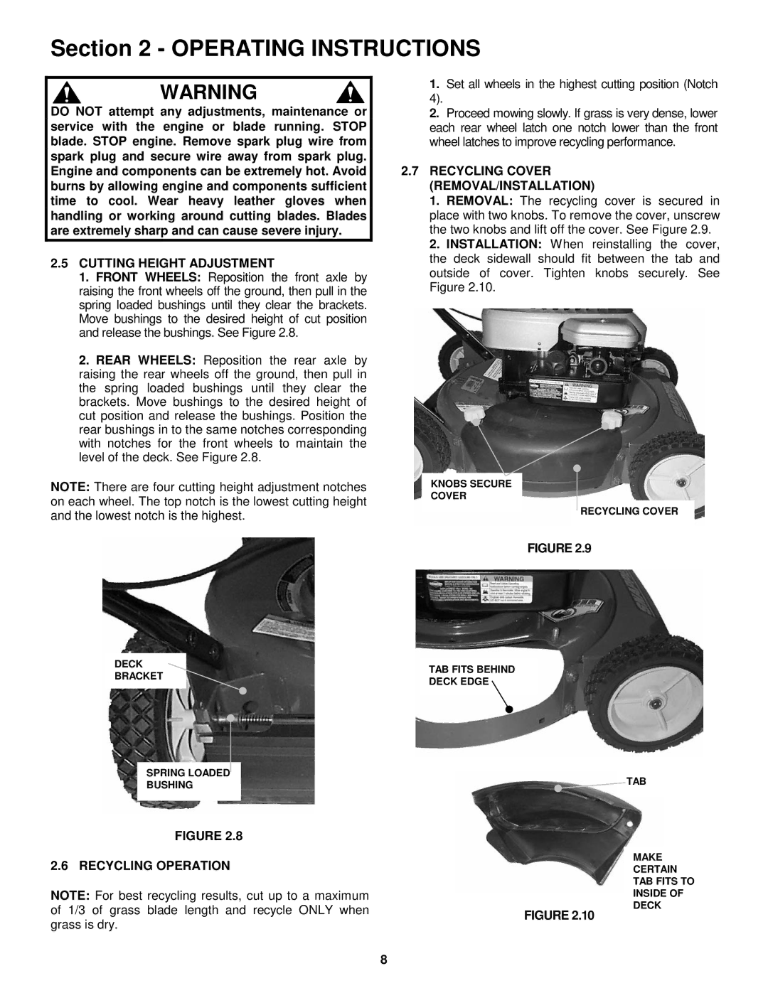 Snapper R194014 Cutting Height Adjustment, Recycling Operation, Recycling Cover REMOVAL/INSTALLATION 