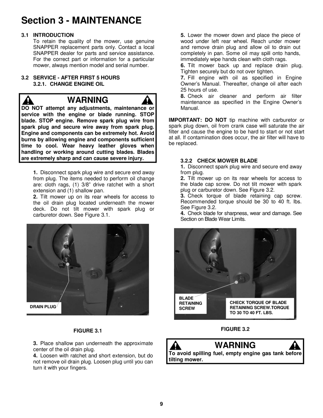 Snapper R194014 Maintenance, Service After First 5 Hours 3.2.1. Change Engine OIL, Check Mower Blade 