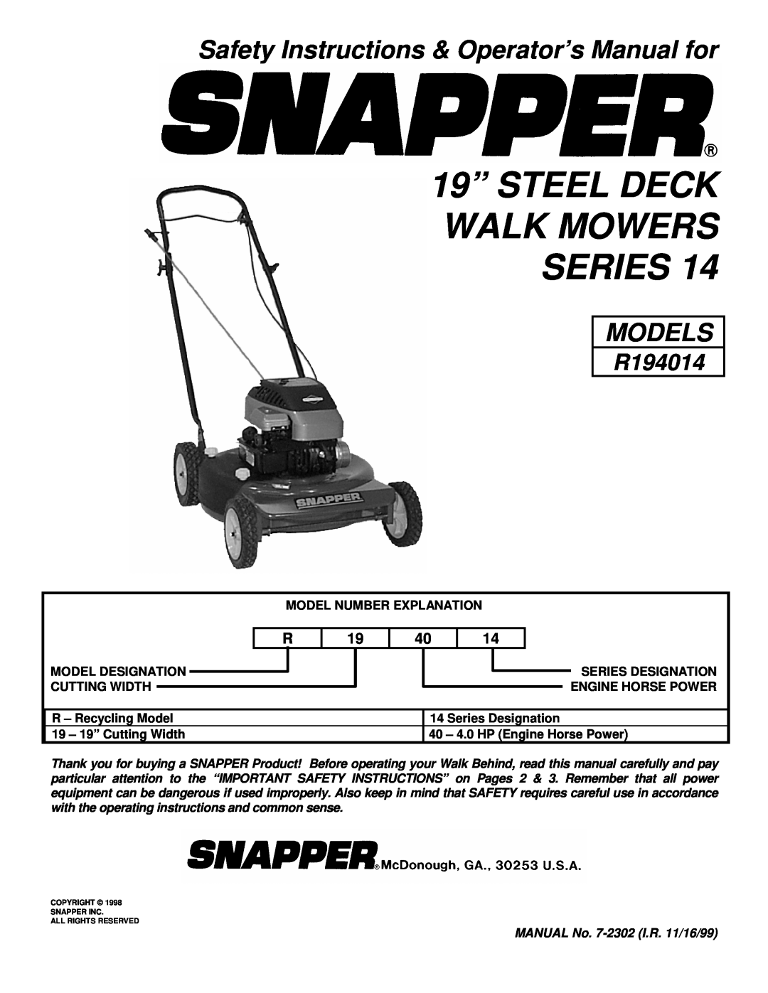 Snapper R194014 important safety instructions 19” STEEL DECK WALK MOWERS SERIES, Models 