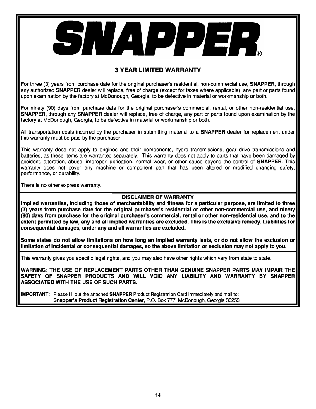 Snapper R194014 important safety instructions Year Limited Warranty 