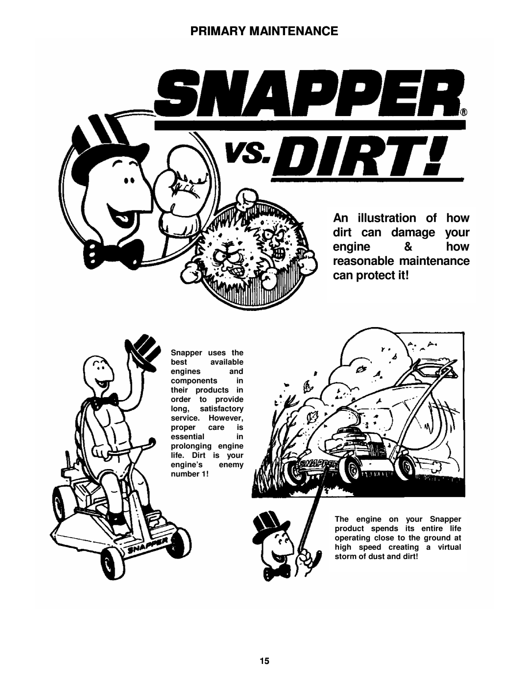 Snapper R194014 important safety instructions PRIMARY MAINTENANCE An illustration of how dirt can damage your 