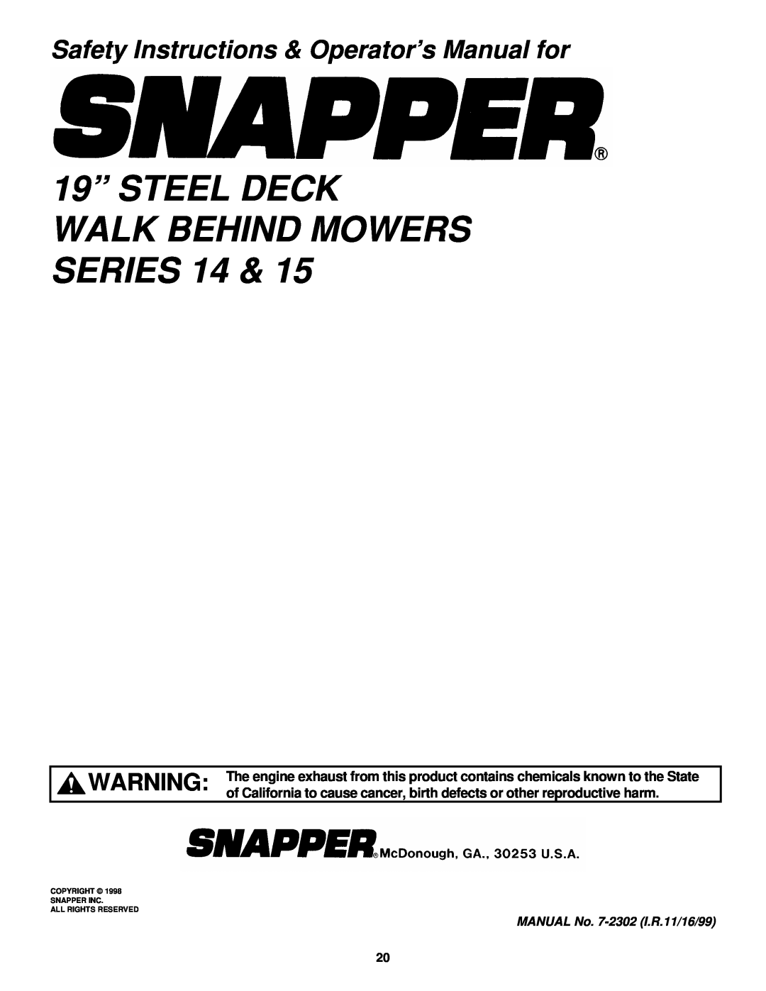 Snapper R194014 19” STEEL DECK WALK BEHIND MOWERS SERIES 14, Safety Instructions & Operator’s Manual for 