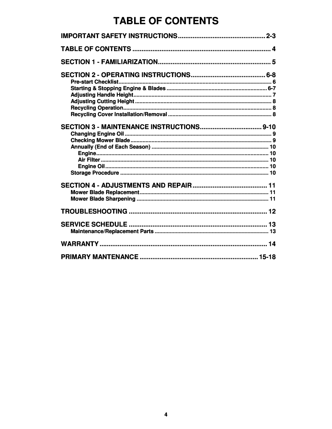 Snapper R194014 important safety instructions Table Of Contents 