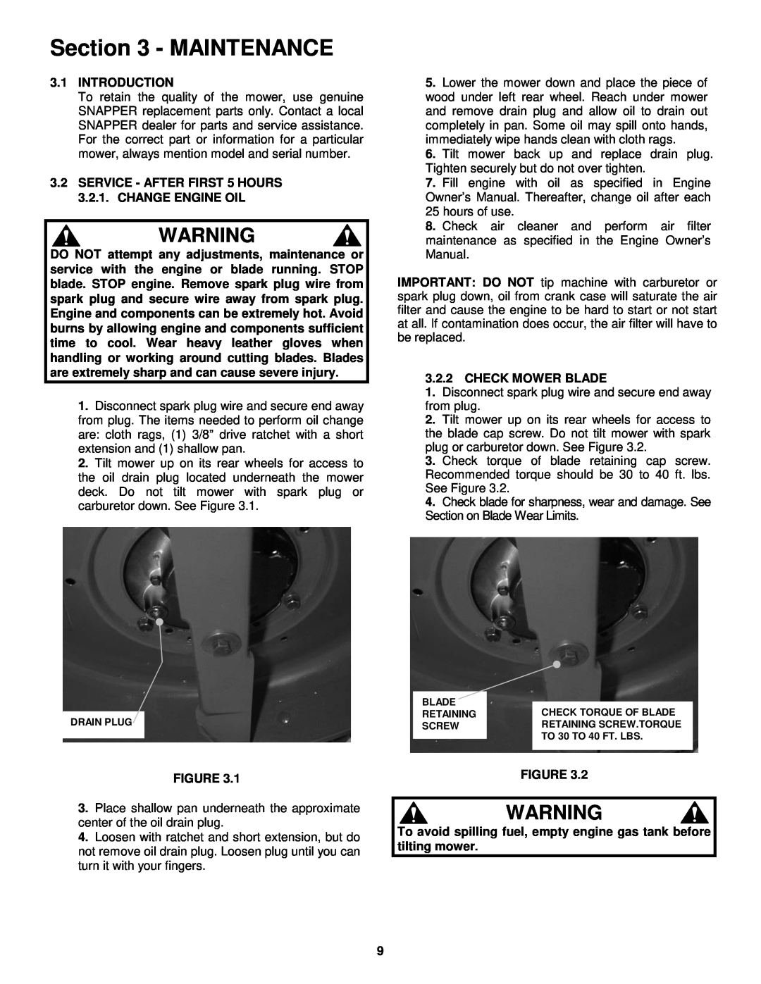 Snapper R194014 important safety instructions Maintenance 