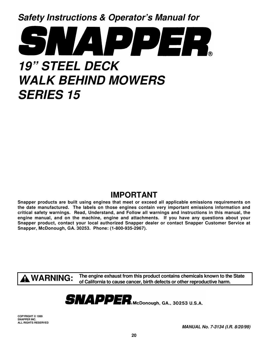 Snapper R194515B important safety instructions Steel Deck Walk Behind Mowers Series 