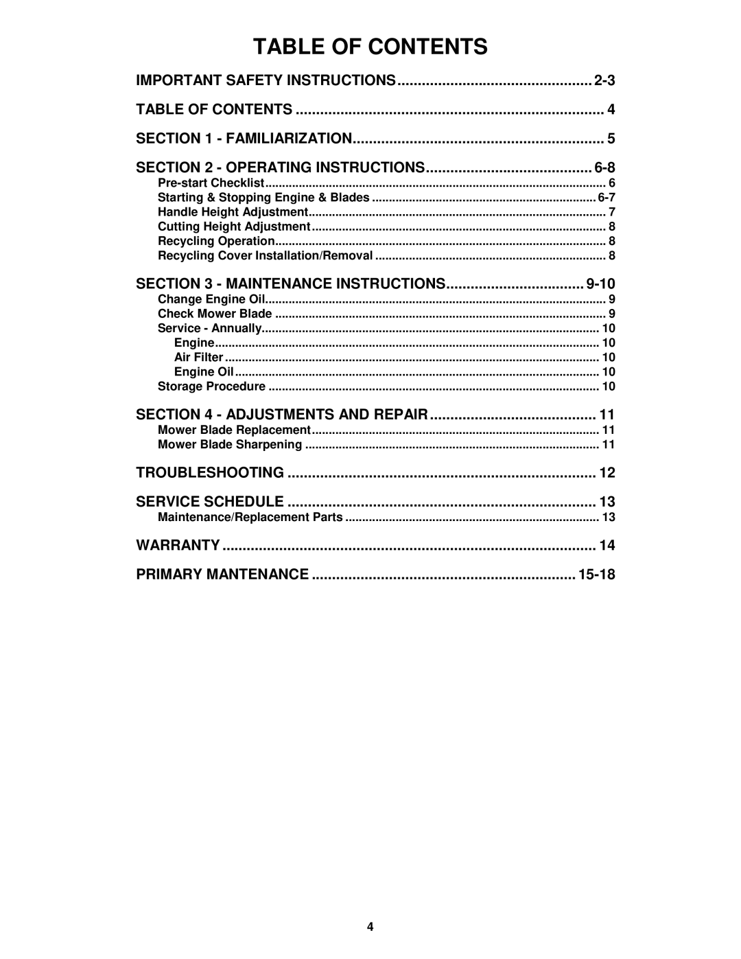 Snapper R194515B important safety instructions Table of Contents 