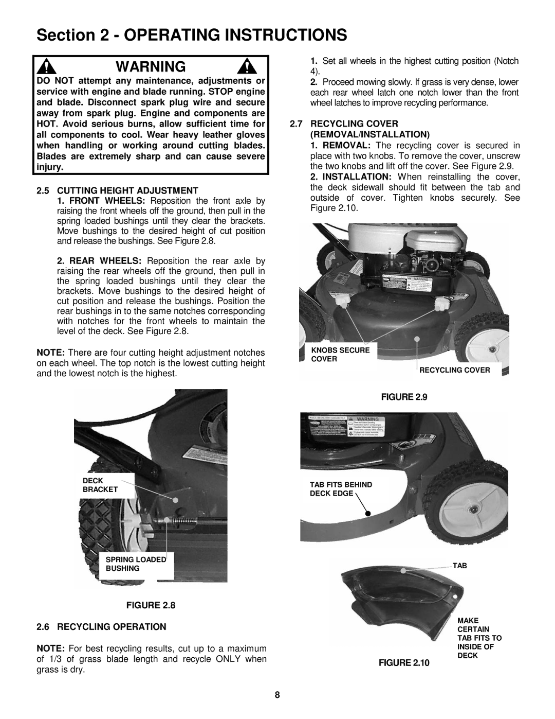 Snapper R194515B Cutting Height Adjustment, Recycling Operation, Recycling Cover REMOVAL/INSTALLATION 