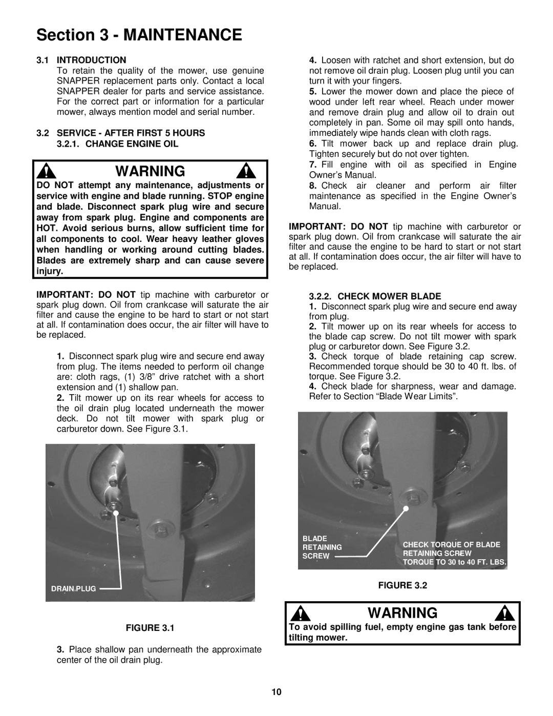 Snapper R195517B Maintenance, Service After First 5 Hours 3.2.1. Change Engine OIL, Check Mower Blade 