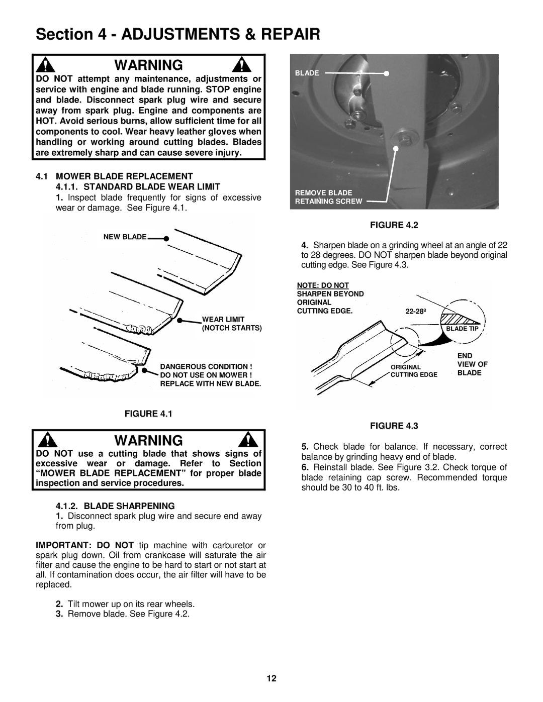 Snapper R195517B Adjustments & Repair, Mower Blade Replacement 4.1.1. Standard Blade Wear Limit, Blade Sharpening 