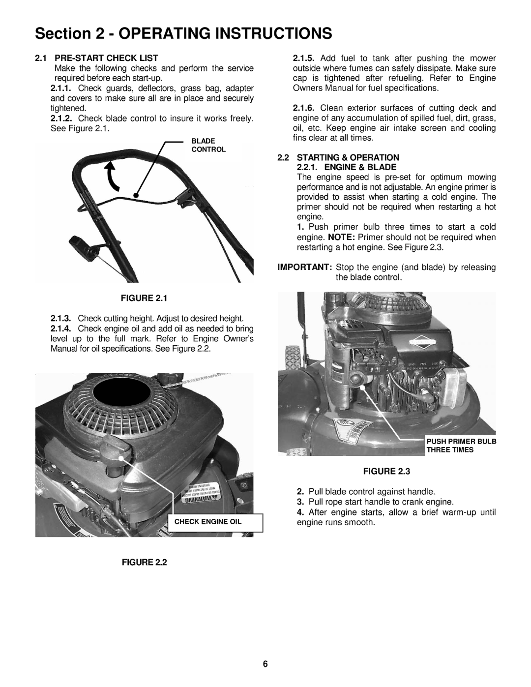 Snapper R195517B Operating Instructions, PRE-START Check List, Starting & Operation 2.2.1. Engine & Blade 