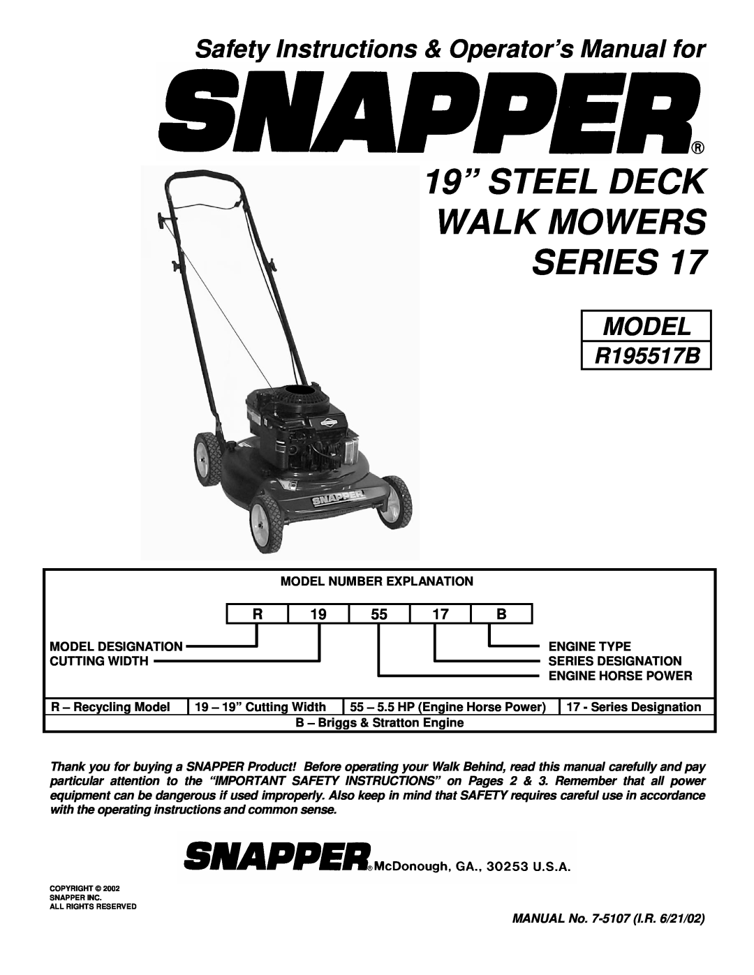 Snapper R195517B important safety instructions Safety Instructions & Operator’s Manual for, Model 