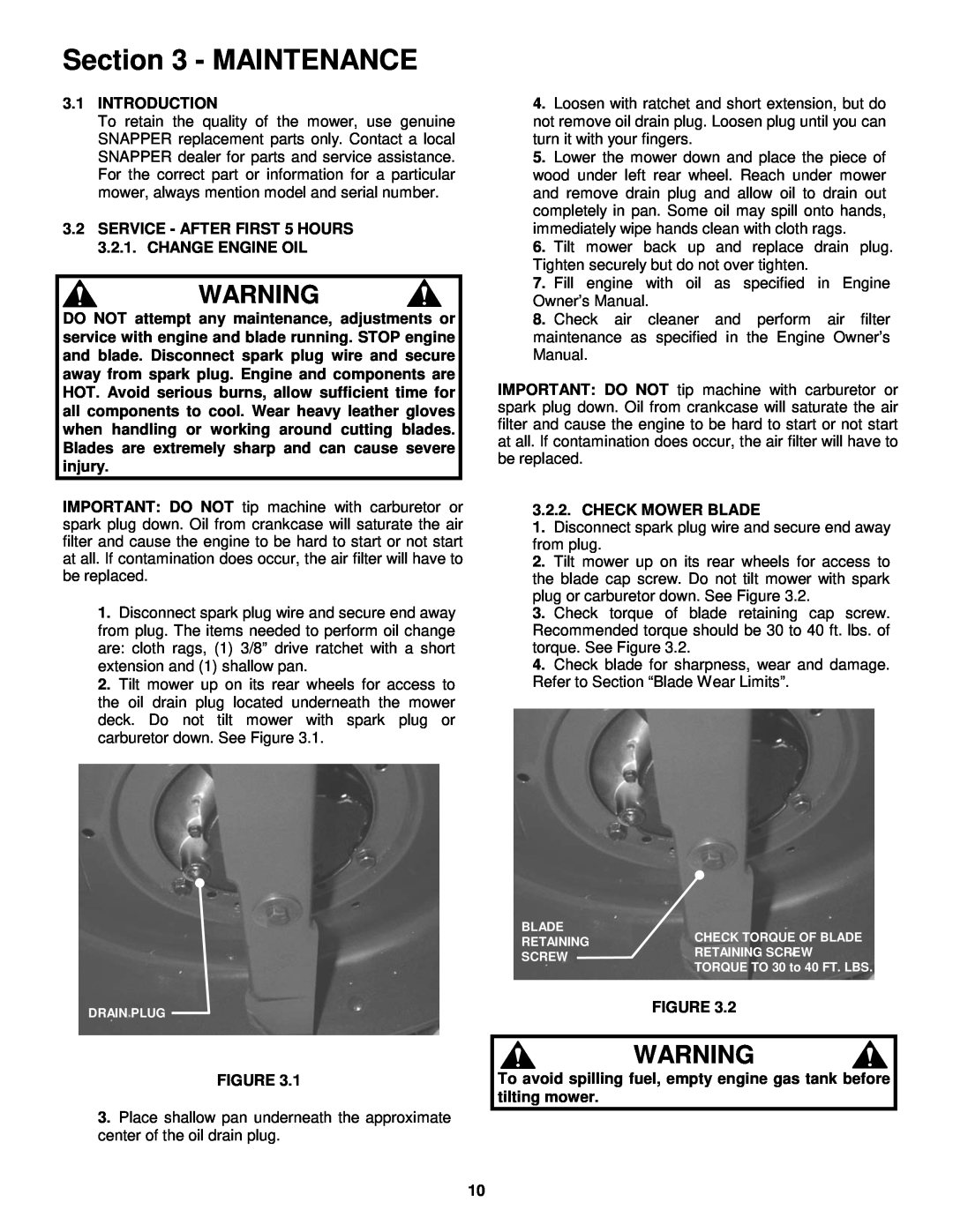 Snapper R195517B important safety instructions Maintenance, 3.1INTRODUCTION, Check Mower Blade 