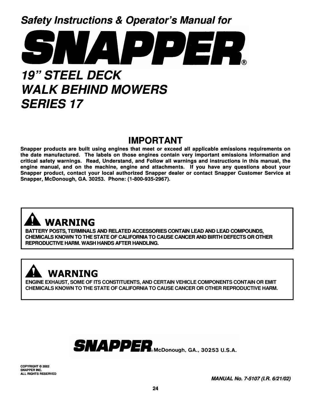 Snapper R195517B 19” STEEL DECK WALK BEHIND MOWERS SERIES, Safety Instructions & Operator’s Manual for 