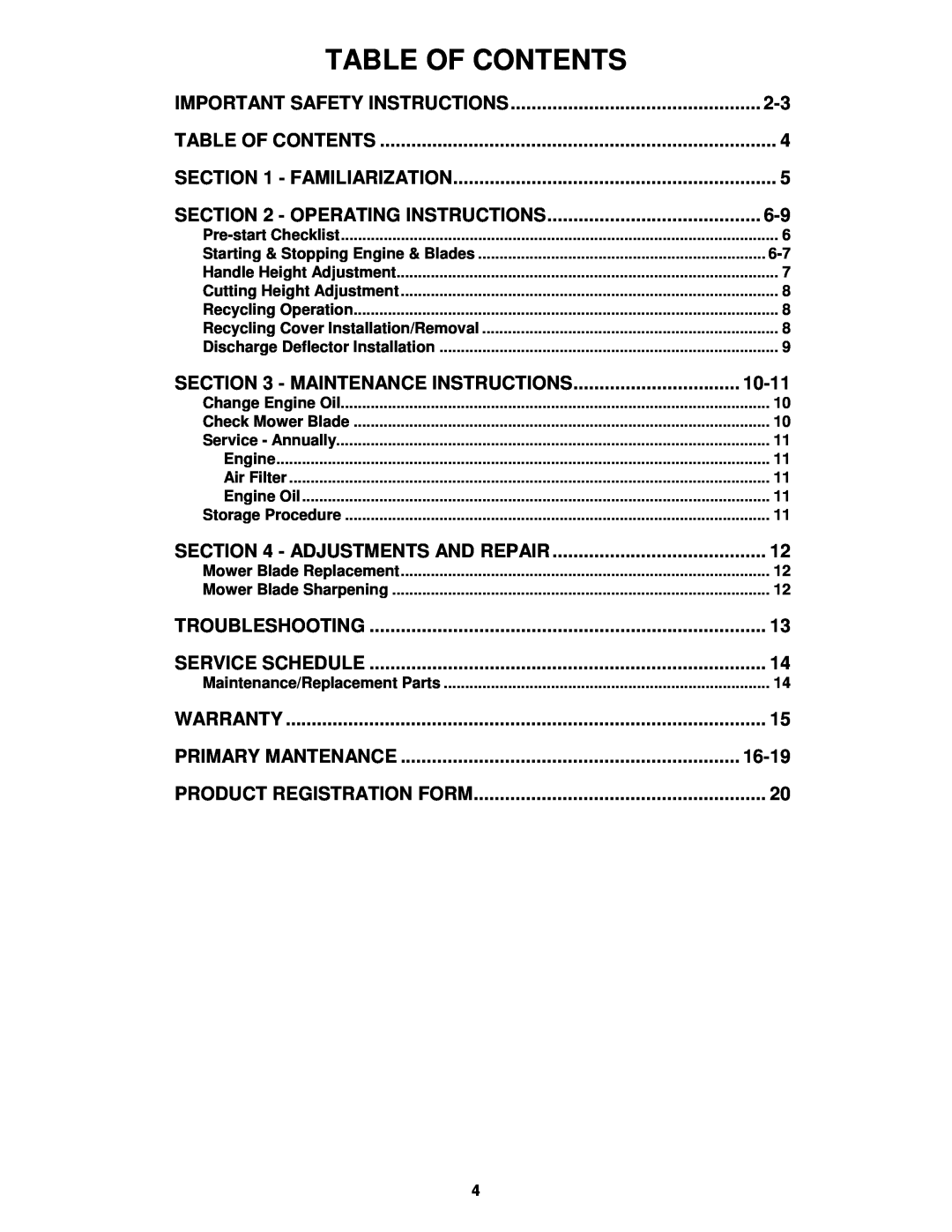 Snapper R195517B important safety instructions Table Of Contents 