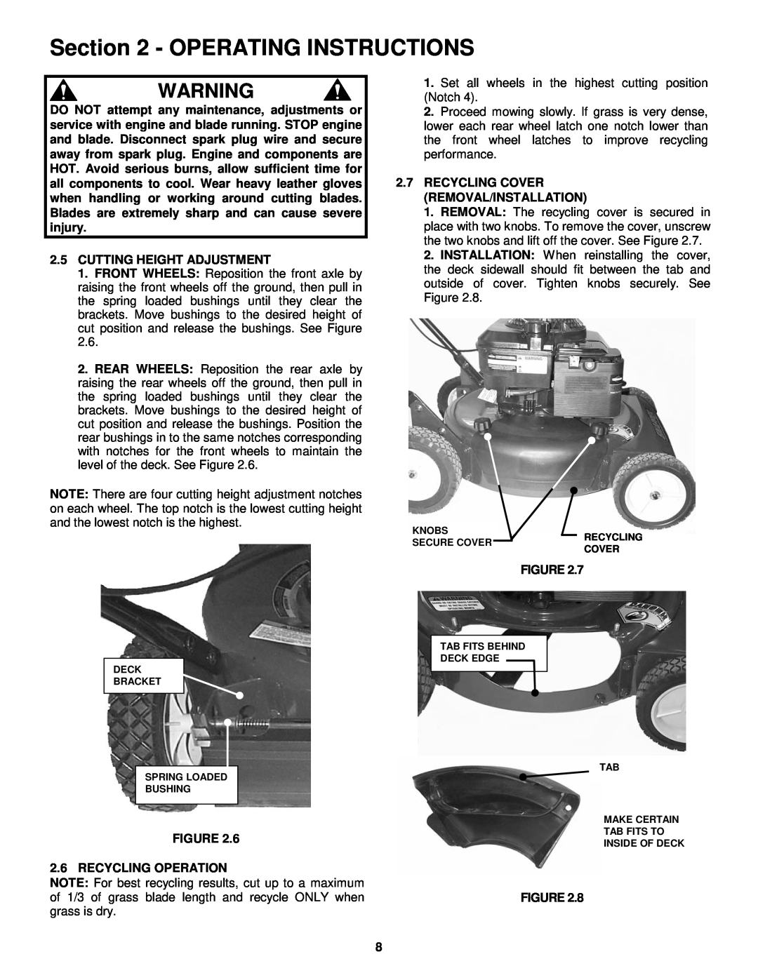 Snapper R195517B Operating Instructions, 2.5CUTTING HEIGHT ADJUSTMENT, 2.7RECYCLING COVER REMOVAL/INSTALLATION 