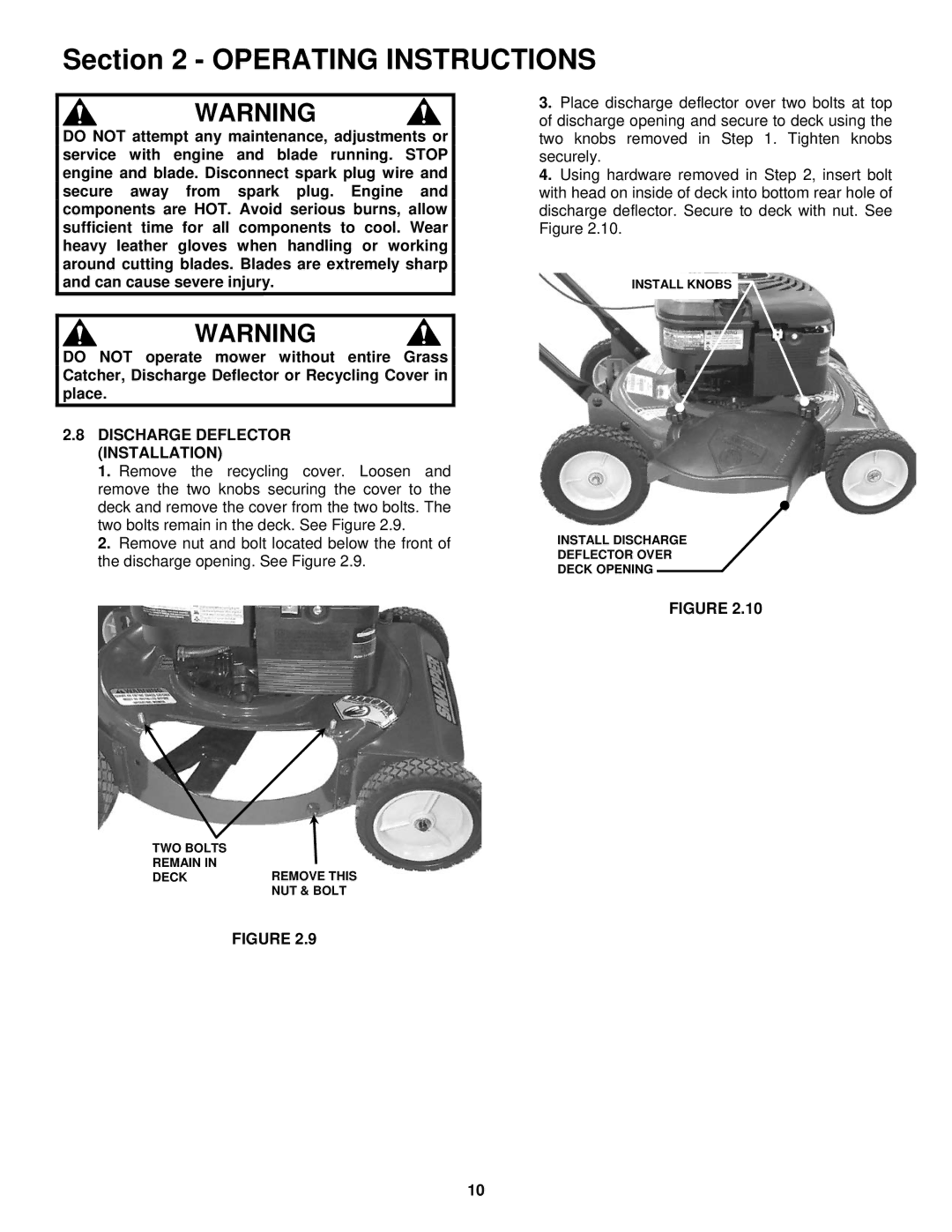 Snapper R196019B important safety instructions Discharge Deflector Installation 