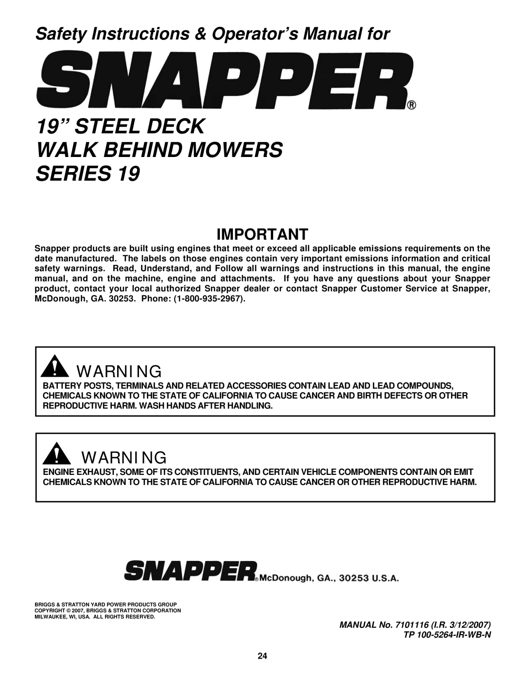 Snapper R196019B important safety instructions Steel Deck Walk Behind Mowers Series 