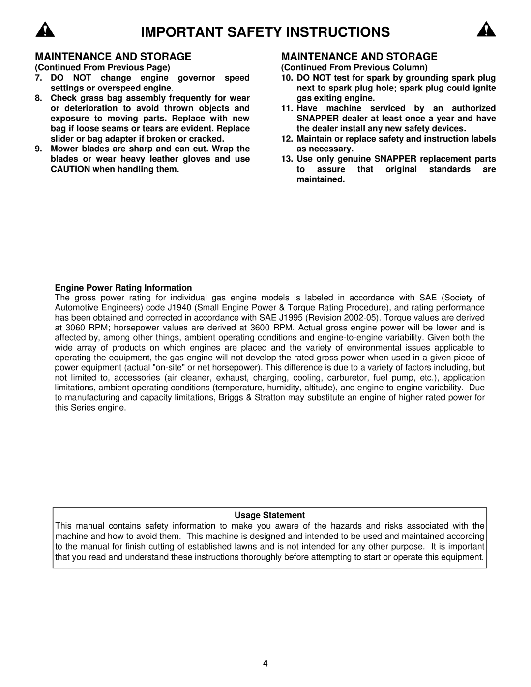 Snapper R196019B important safety instructions Usage Statement 