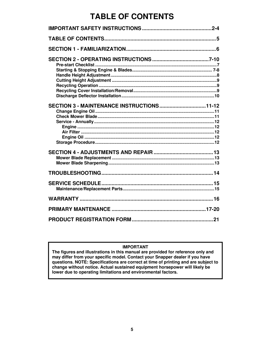 Snapper R196019B important safety instructions Table of Contents 