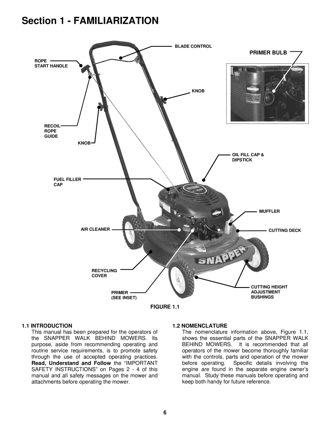 Snapper R196019B important safety instructions Familiarization, Primer Bulb, Introduction, Nomenclature 