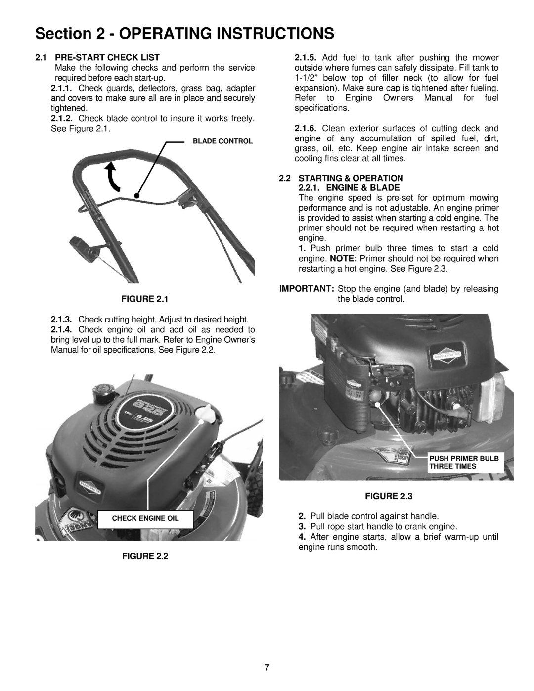 Snapper R196019B Operating Instructions, PRE-START Check List, Starting & Operation 2.2.1. Engine & Blade 