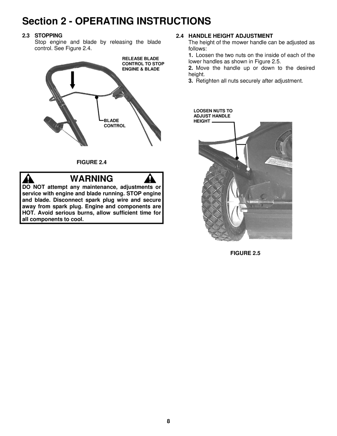 Snapper R196019B important safety instructions Stopping, Handle Height Adjustment 